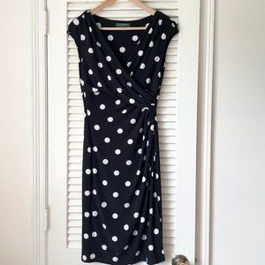 Lauren Ralph Lauren Black White Polka Dot Sleeveless V-Neck Ruched Dress Size 4